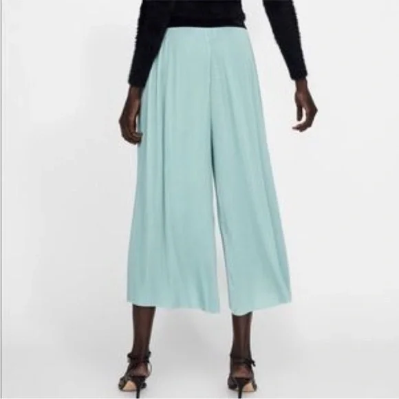 Zara Bohemian Green Highrise Ribbed Palazzo Flowy Cropped Pants Size Small - Picture 7 of 15